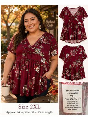 Burgundy Floral Short Sleeve Faux Wrap Peplum Top - 2XL